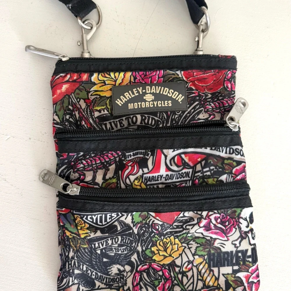 Harley-Davidson Floral Tattoo Print Multi-Color Multi Compartment Crossbody Bag